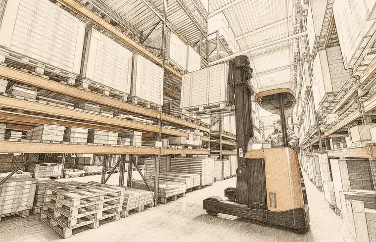 Reach truck moving palletized inventory in warehouse racking