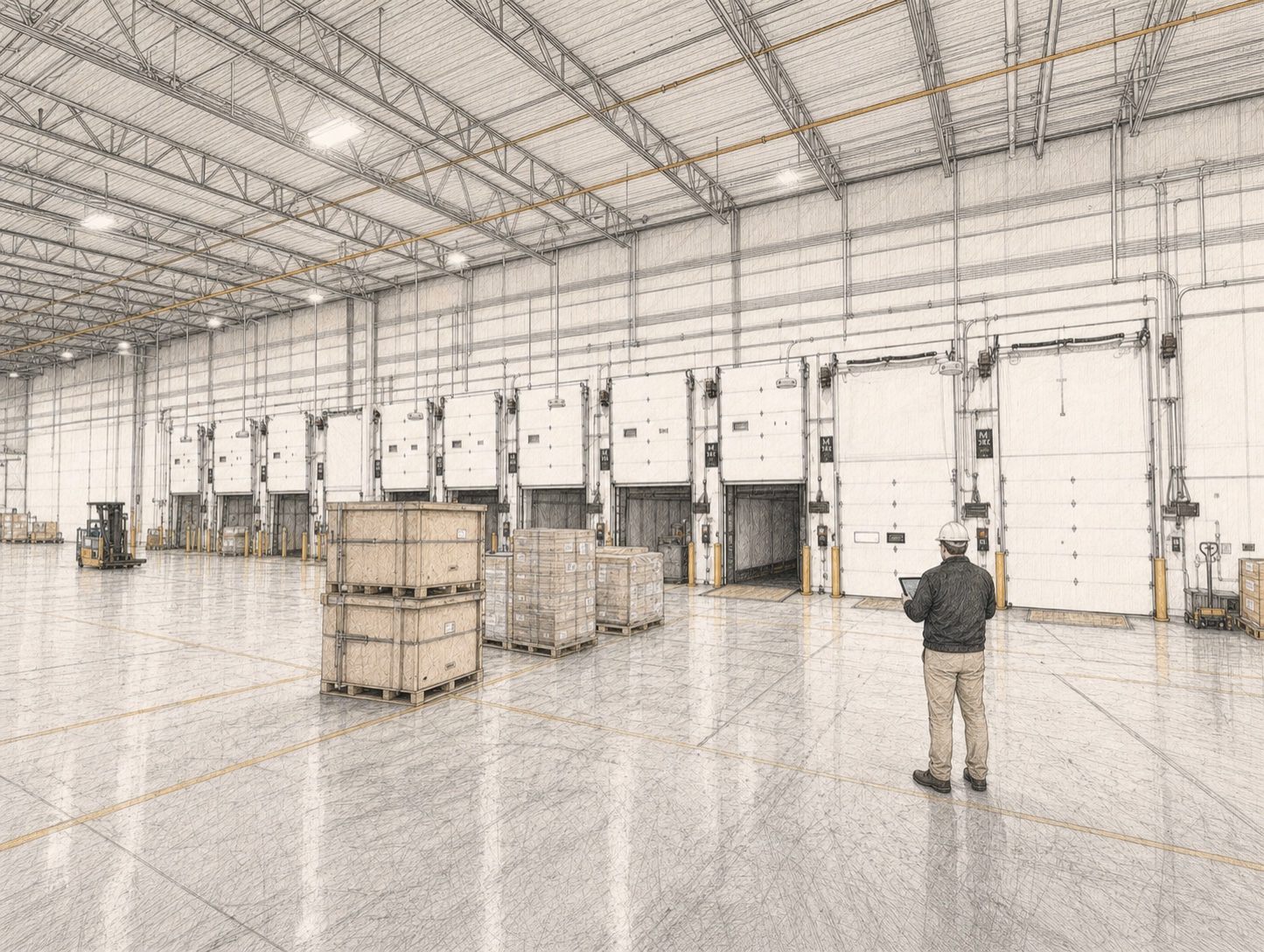 Technical lead inspecting overhead RFID readers across industrial dock doors and palletized material