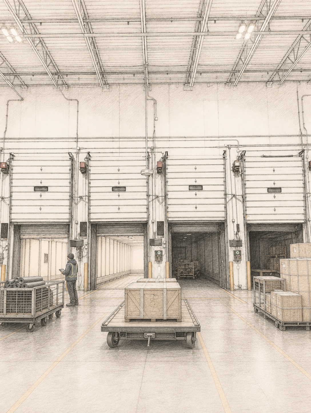 Overhead RFID shipment-validation activity at an industrial dock door